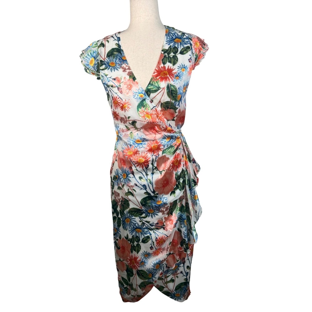Alice + Olivia Floral Burnout Velvet Wrap Dress Womens Silk 2 White Pink Ruffle